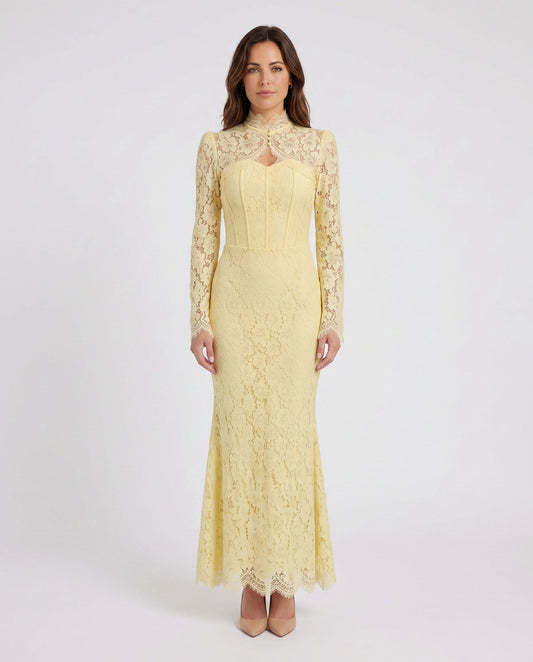 Lace Long Sleeve High Neck Corset Maxi Dress