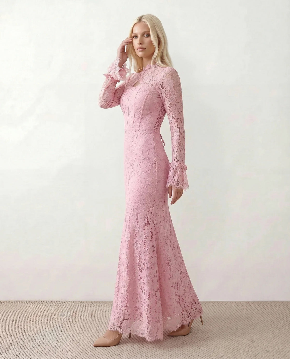 Lace Long Sleeve High Neck Corset Maxi Dress