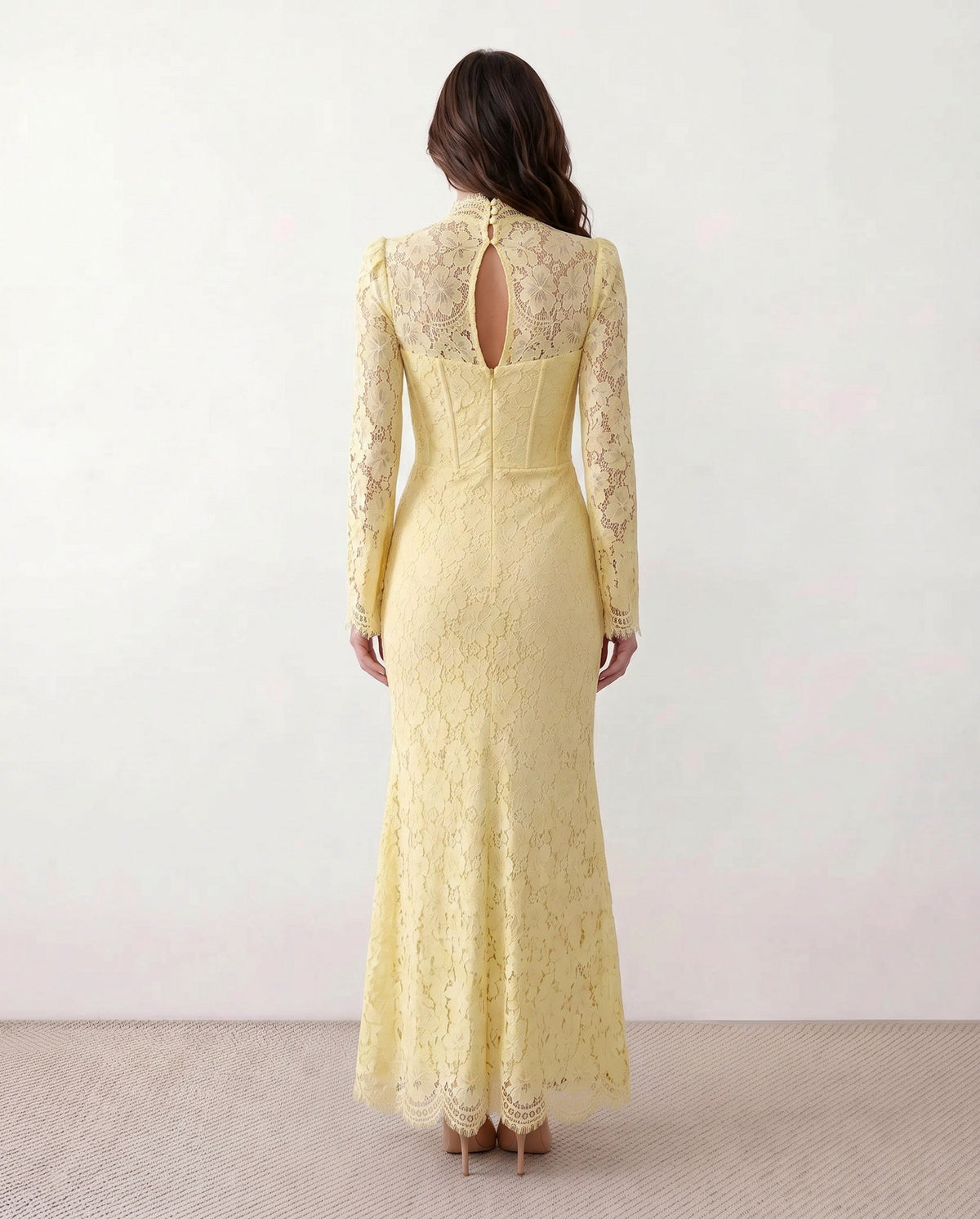 Lace Long Sleeve High Neck Corset Maxi Dress