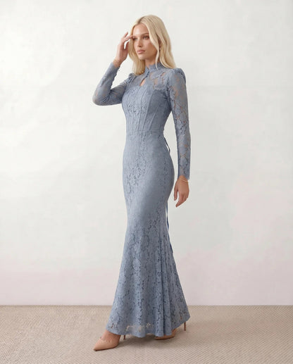 Lace Long Sleeve High Neck Corset Maxi Dress