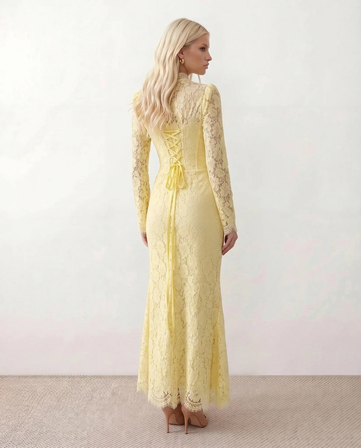 Lace Long Sleeve High Neck Corset Maxi Dress