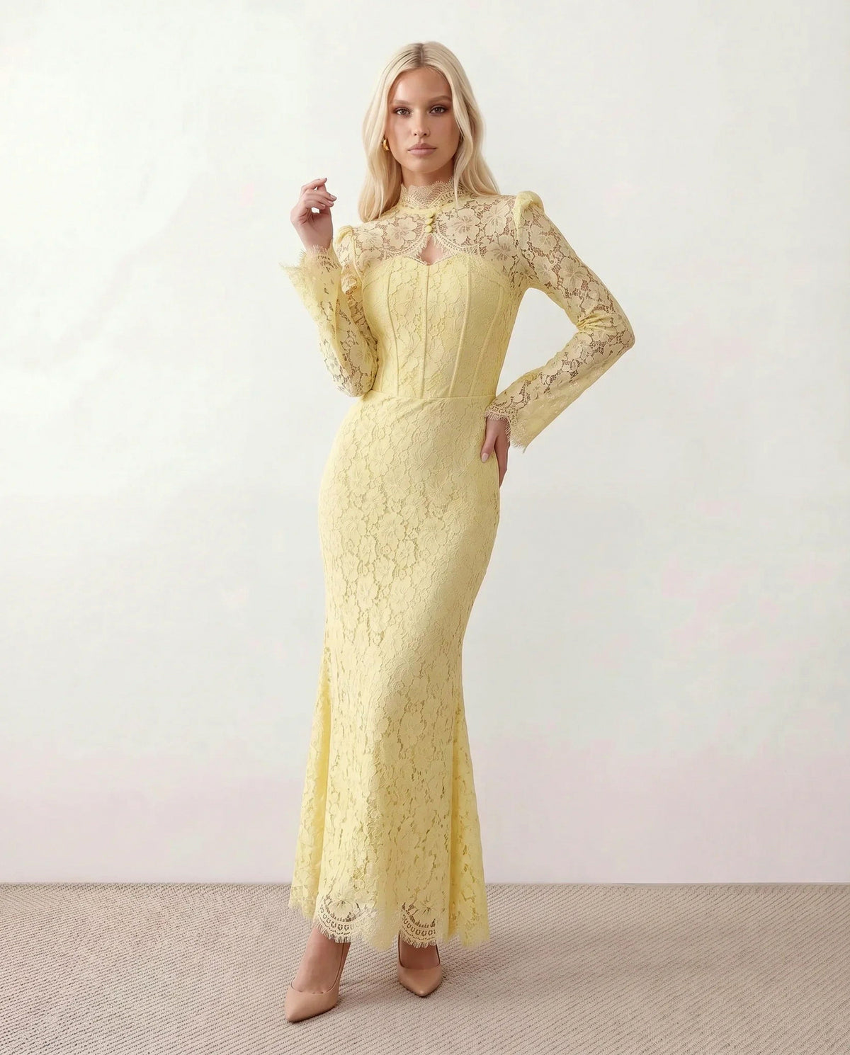 Lace Long Sleeve High Neck Corset Maxi Dress