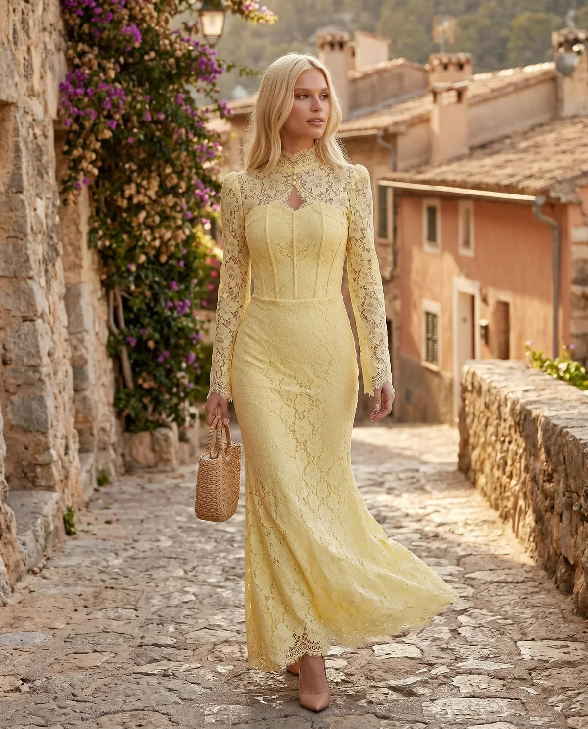Lace Long Sleeve High Neck Corset Maxi Dress