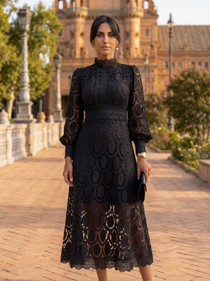 Lace Long Sleeve High Neck A-Line Midi Dress