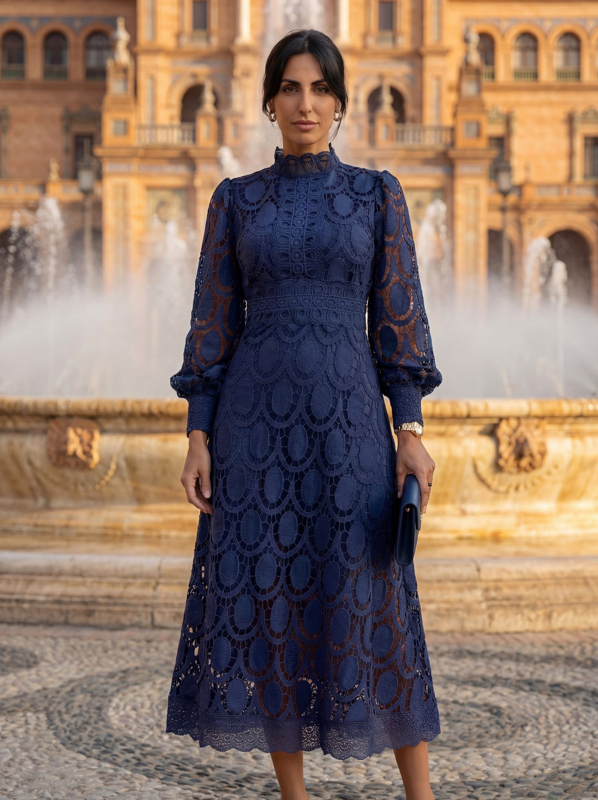 Lace Long Sleeve High Neck A-Line Midi Dress