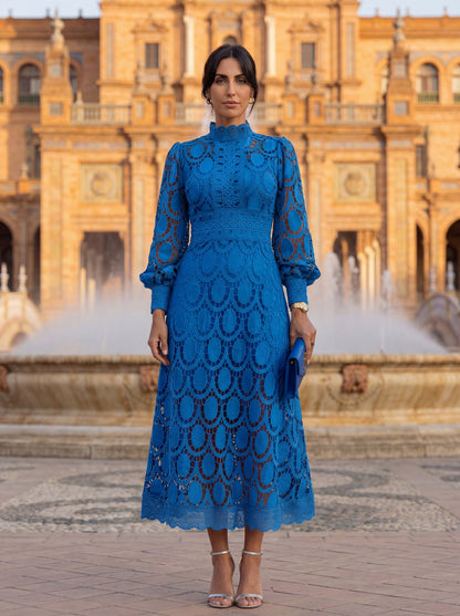 Lace Long Sleeve High Neck A-Line Midi Dress