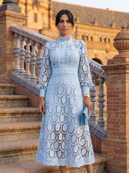 Lace Long Sleeve High Neck A-Line Midi Dress