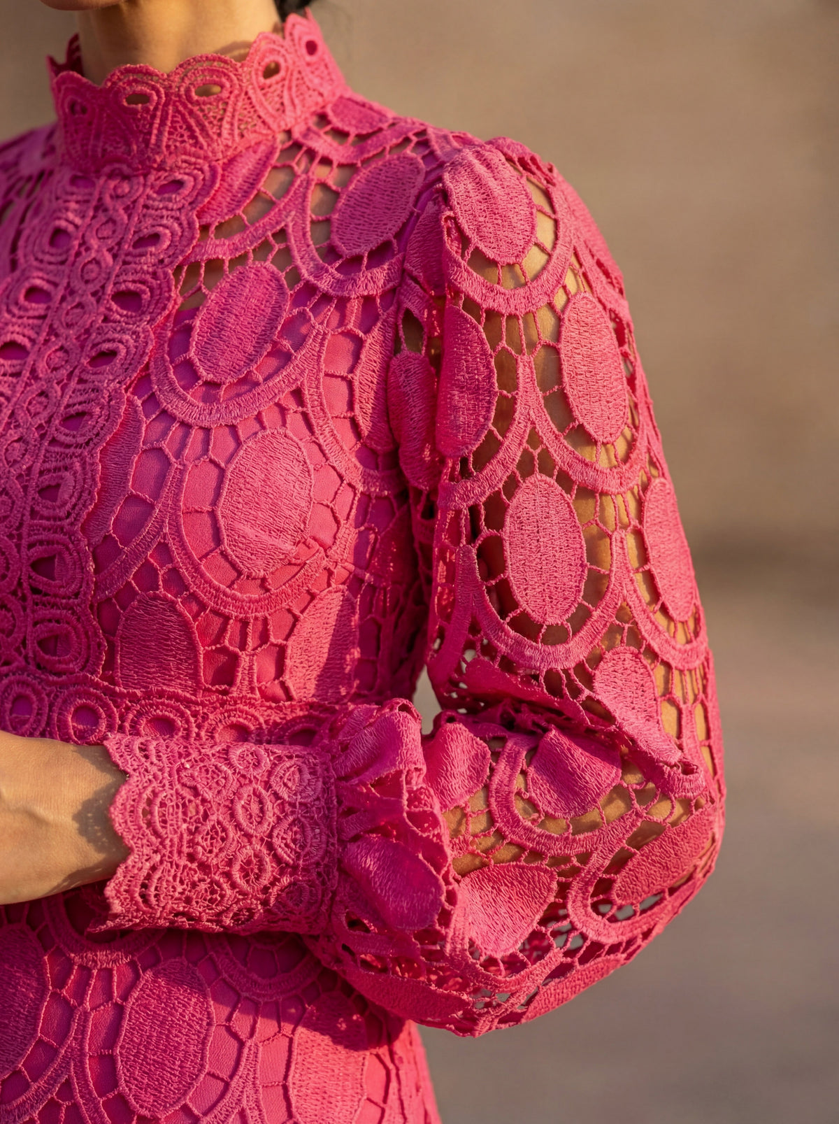 Lace Long Sleeve High Neck A-Line Midi Dress