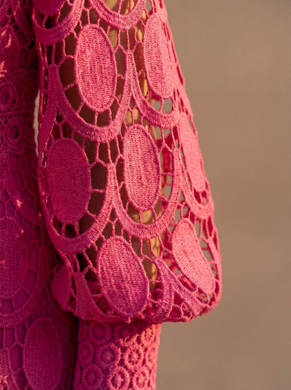 Lace Long Sleeve High Neck A-Line Midi Dress