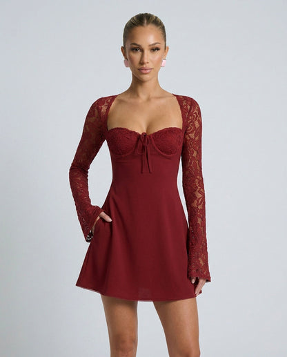 Lace Long Sleeve Sweetheart Tie Front Mini Dress