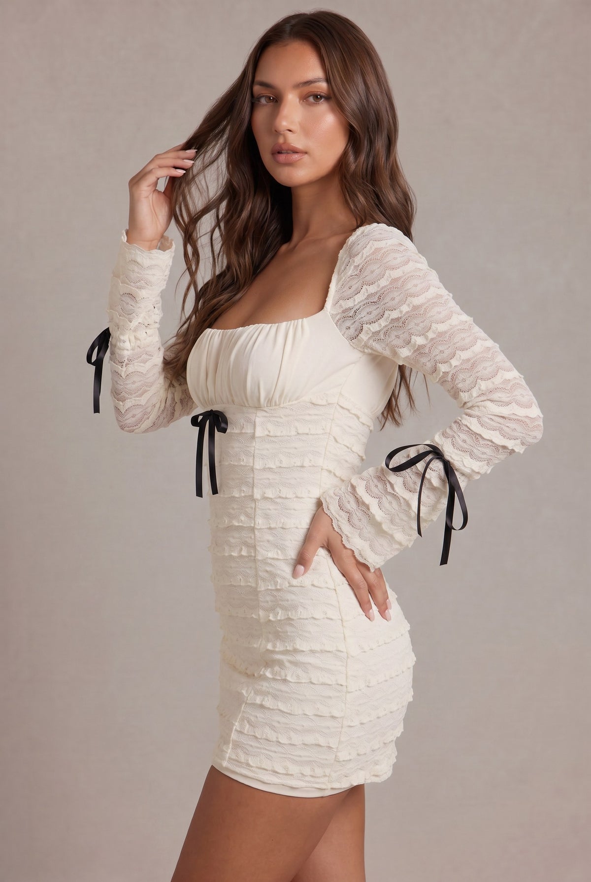 Lace Long Sleeve Tiered Mini Dress