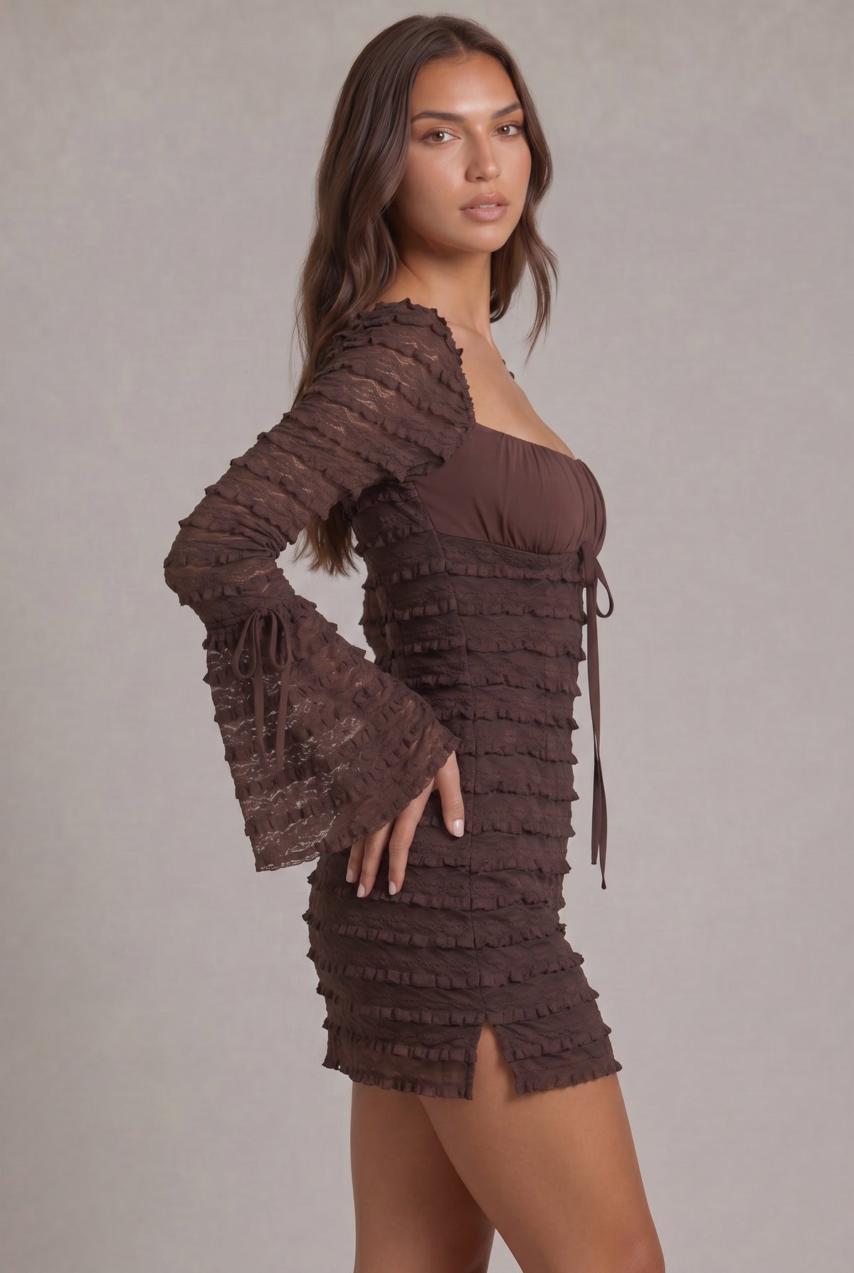 Lace Long Sleeve Tiered Mini Dress