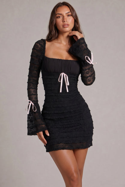 Lace Long Sleeve Tiered Mini Dress