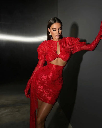 Lace Long Puff Sleeve Cutout Mini Dress