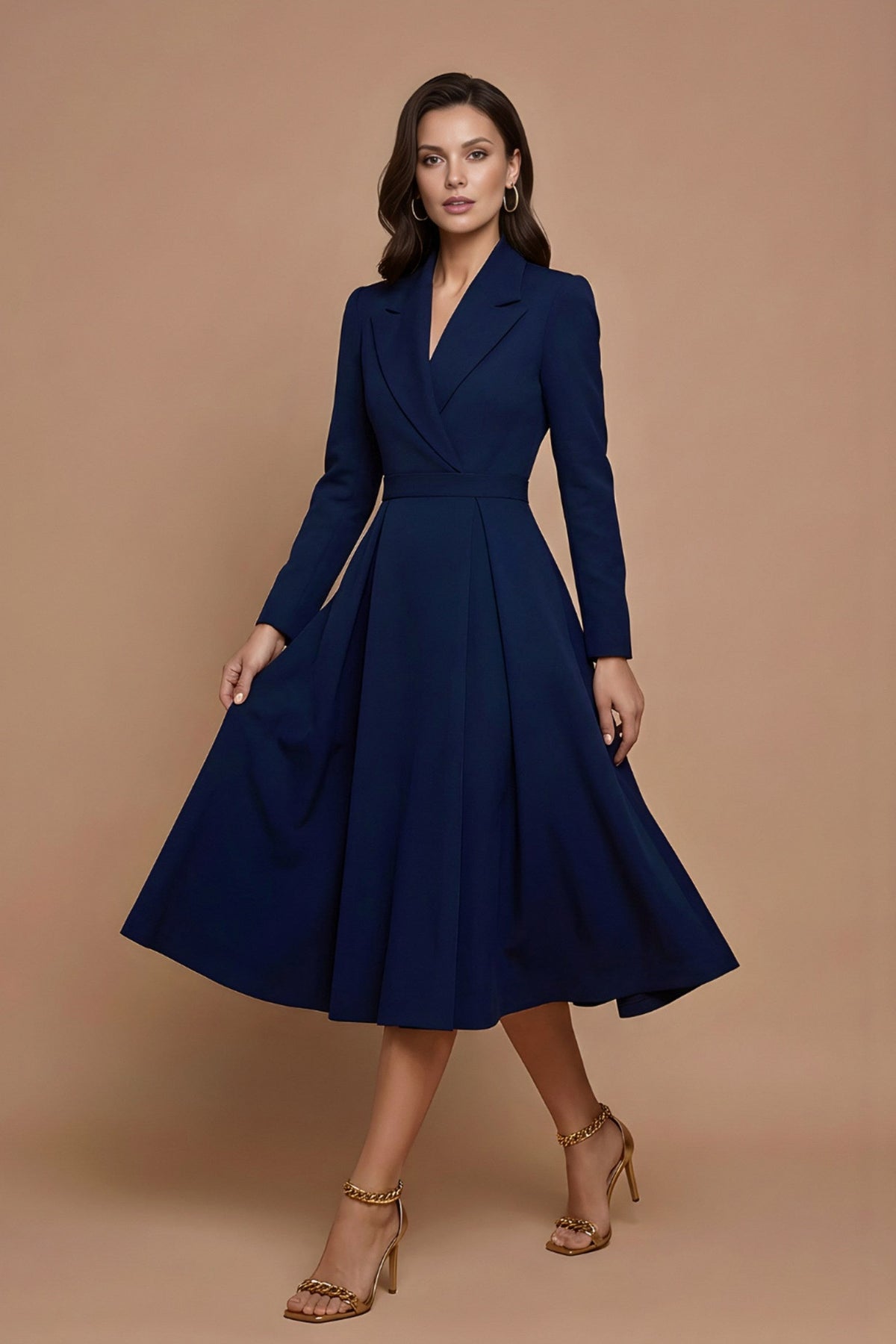 Lapel Collar Long Sleeve Midi Blazer Dress