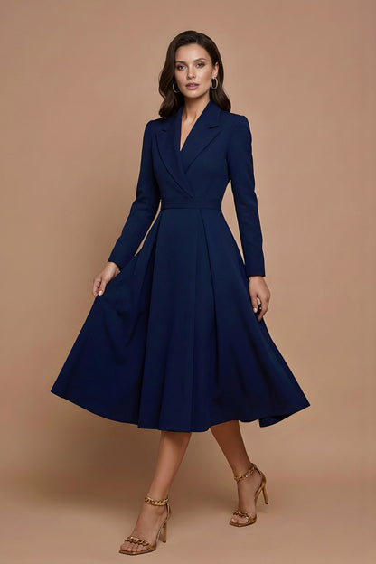 Lapel Collar Long Sleeve Midi Blazer Dress