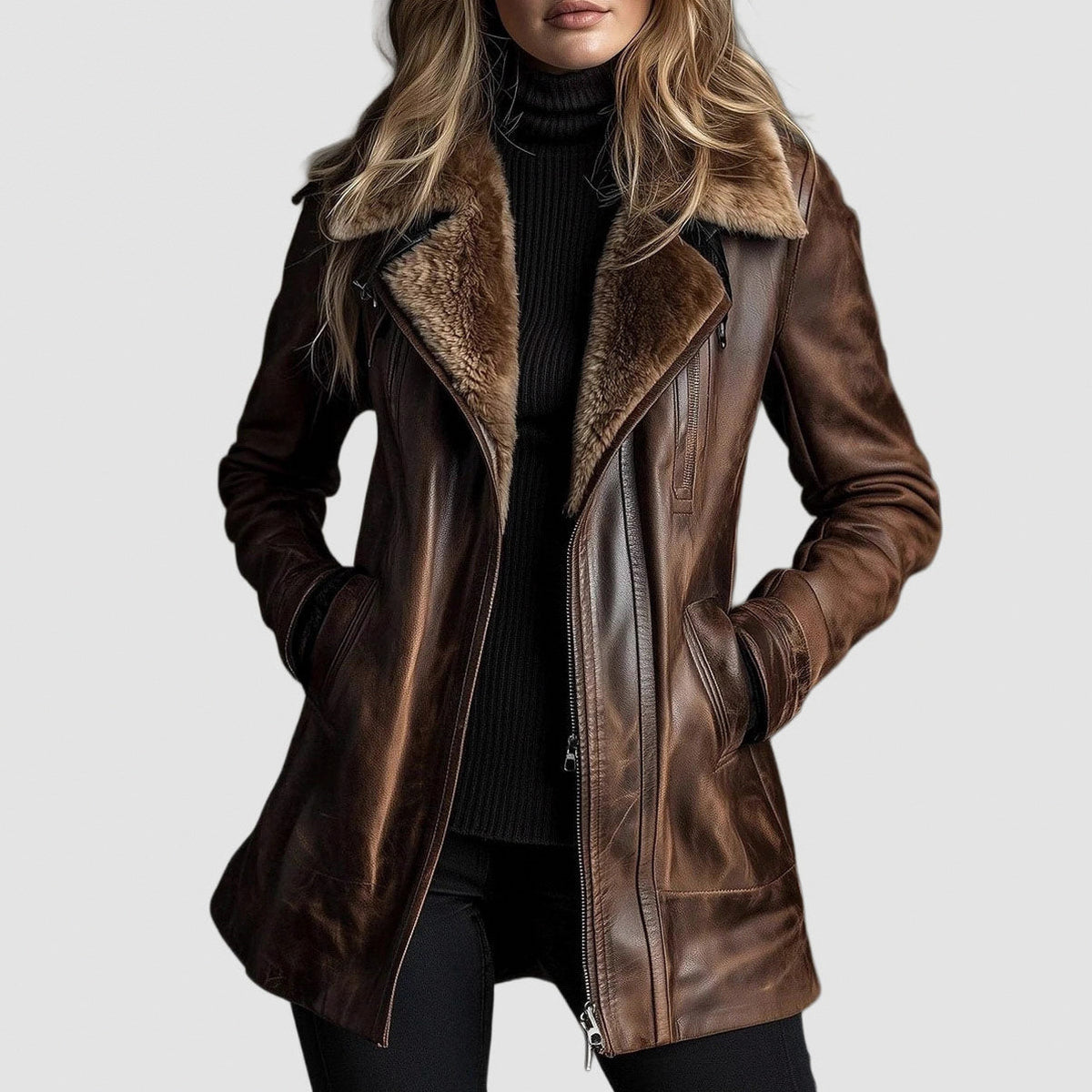 Leather Faux Fur Long Sleeve Coat