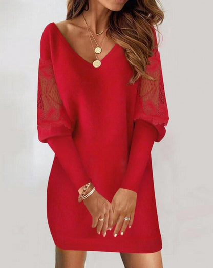 Long Sleeve Lace Trim Mini Dress