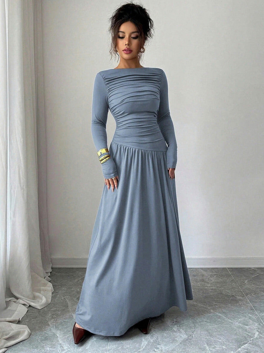 Long Sleeve Ruched Drop Waist Maxi Dress