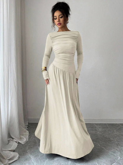 Long Sleeve Ruched Drop Waist Maxi Dress