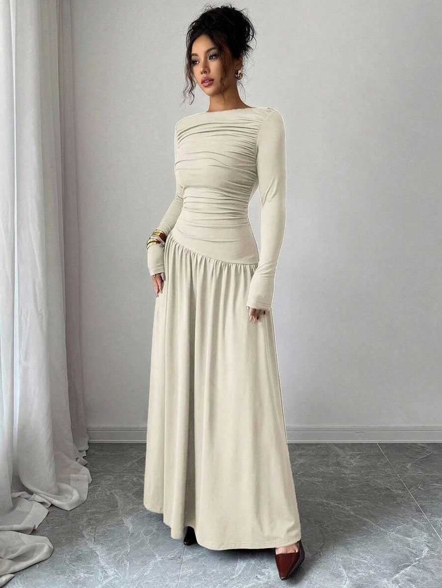 Long Sleeve Ruched Drop Waist Maxi Dress