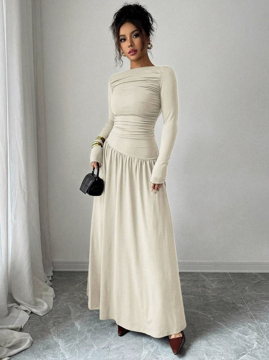 Long Sleeve Ruched Drop Waist Maxi Dress