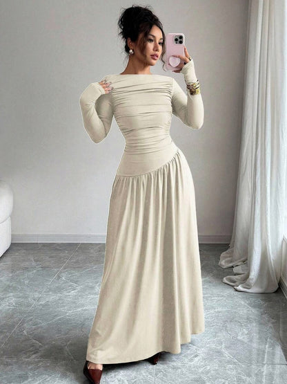 Long Sleeve Ruched Drop Waist Maxi Dress
