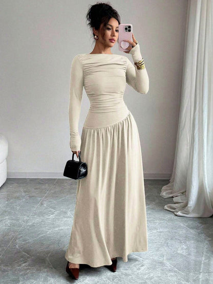 Long Sleeve Ruched Drop Waist Maxi Dress