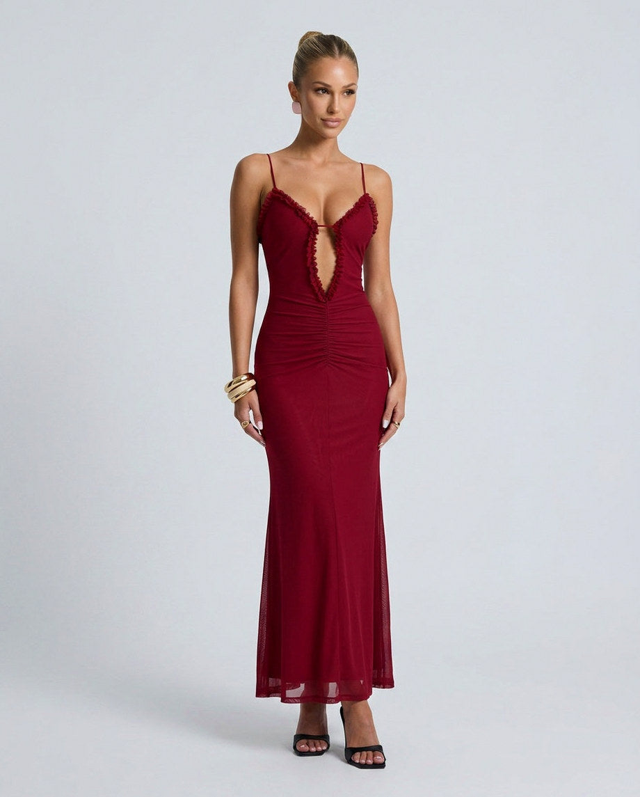 Mesh Cutout Ruched Maxi Dress