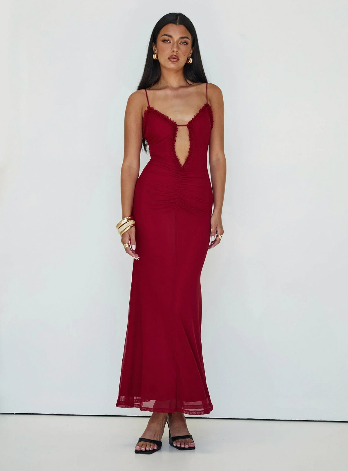 Mesh Cutout Ruched Maxi Dress