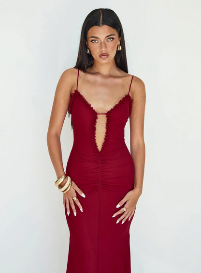 Mesh Cutout Ruched Maxi Dress