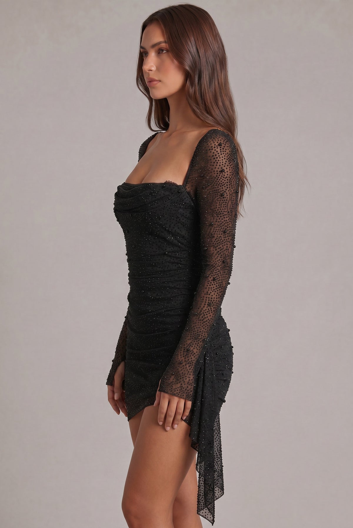 Mesh Long Sleeve Ruched Mini Dress