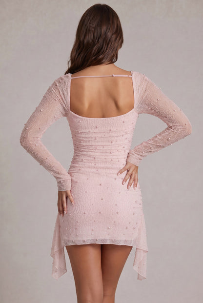 Mesh Long Sleeve Ruched Mini Dress