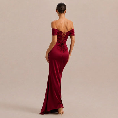 Off Shoulder Satin Maxi Dress