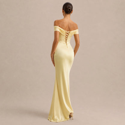 Off Shoulder Satin Maxi Dress