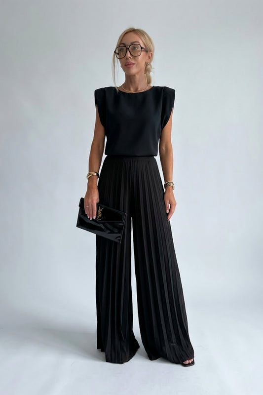Padded Shoulder Pleated Jumpsuit