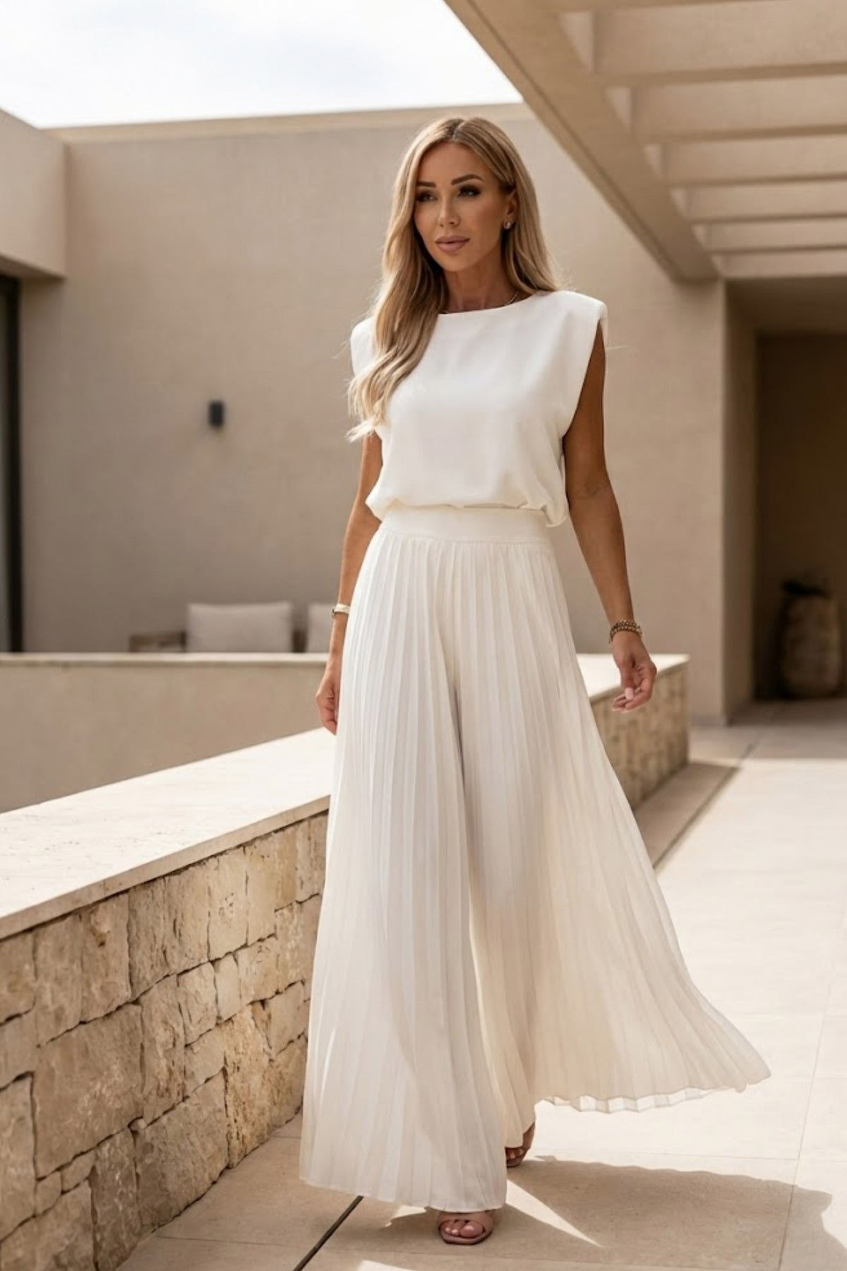 Padded Shoulder Pleated Jumpsuit