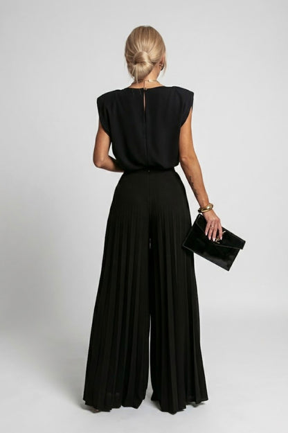 Padded Shoulder Pleated Jumpsuit