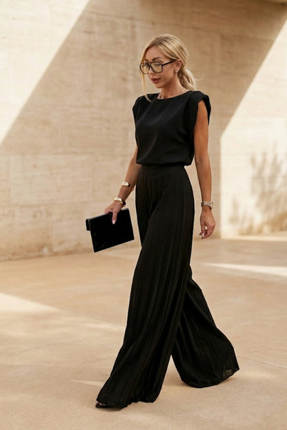 Padded Shoulder Pleated Jumpsuit