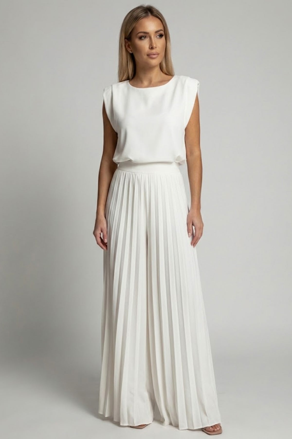 Padded Shoulder Pleated Jumpsuit