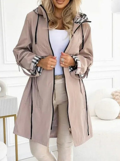 Plaid Trim Hooded Long Sleeve Trench Coat