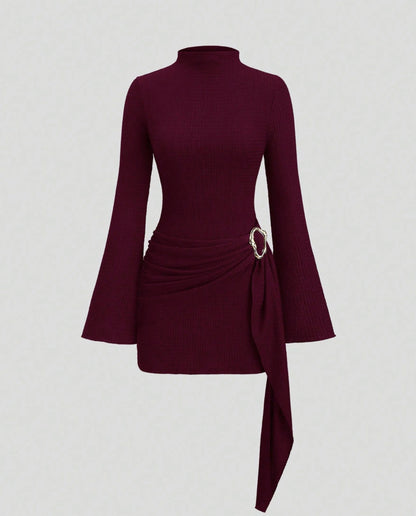 Ribbed Knit Long Sleeve Mock Neck Mini Dress