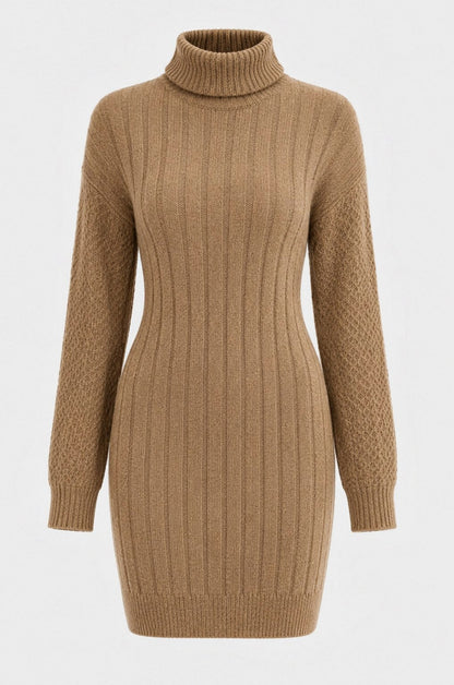Ribbed Knit Turtleneck Mini Sweater Dress