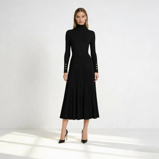 Ribbed Mock Neck Pleated Midi Dress