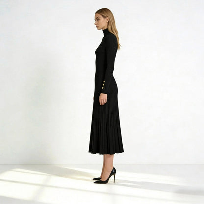 Ribbed Mock Neck Pleated Midi Dress