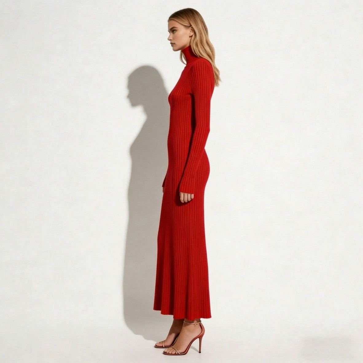 Ribbed Mock Neck Pleated Midi Dress