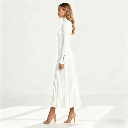 Ribbed Mock Neck Pleated Midi Dress