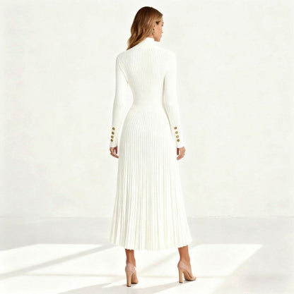 Ribbed Mock Neck Pleated Midi Dress