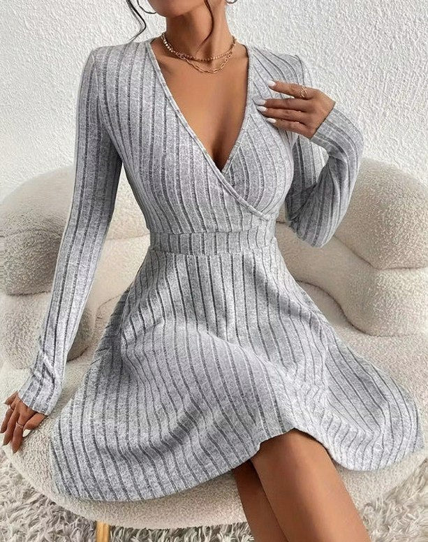 Ribbed Wrap Long Sleeve Mini Dress