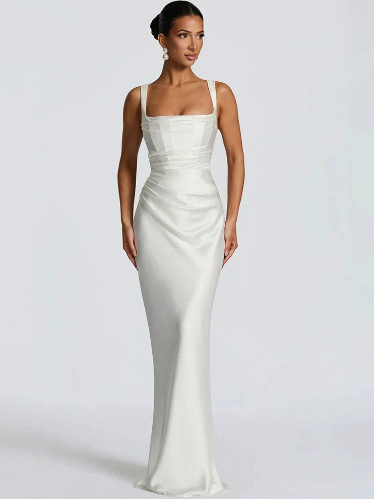 Satin Cowl Neck Ruched Maxi Dress